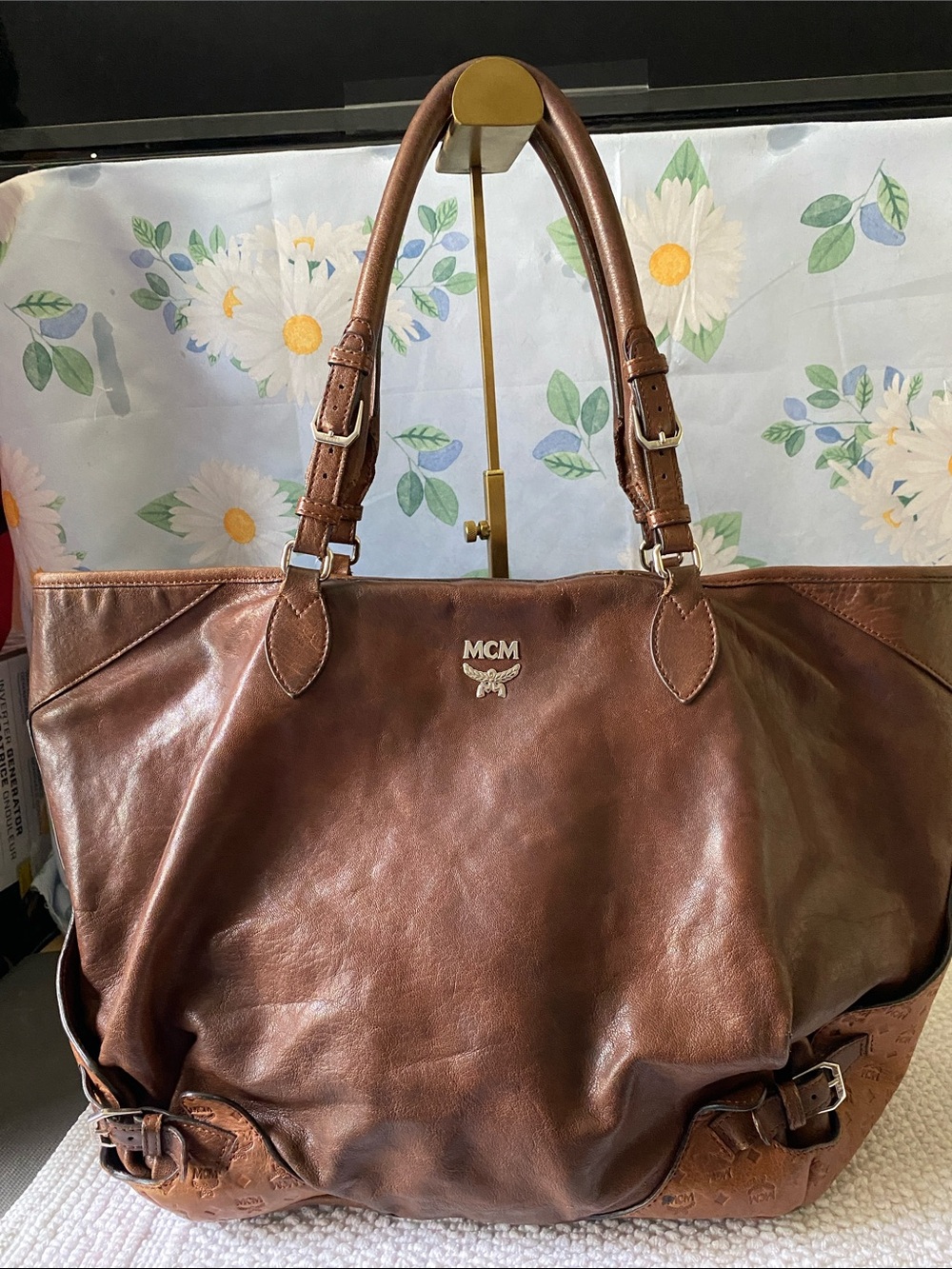 MCM Brown Leather Tote with silver Logo Hardware